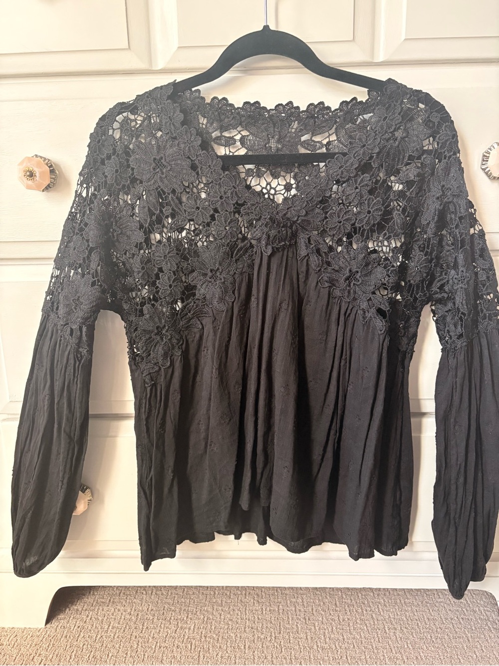 Free People Black Floral Crochet Yoke Long Sleeve Blouse